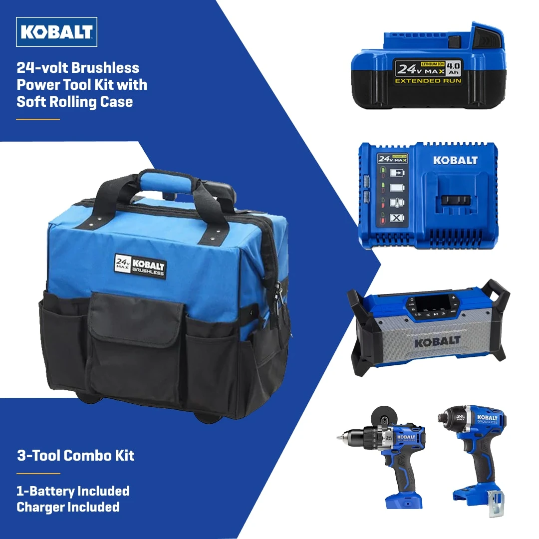 Kobalt 24-volt 3-Tool Brushless Power Tool Combo Kit With Soft Rolling Case (1-Battery Included And Charger Included) 2 Kobalt 24-volt 3-Tool Brushless Power Tool Combo Kit With Soft Rolling Case (1-Battery Included And Charger Included) -Kobalt Tools 72435198
