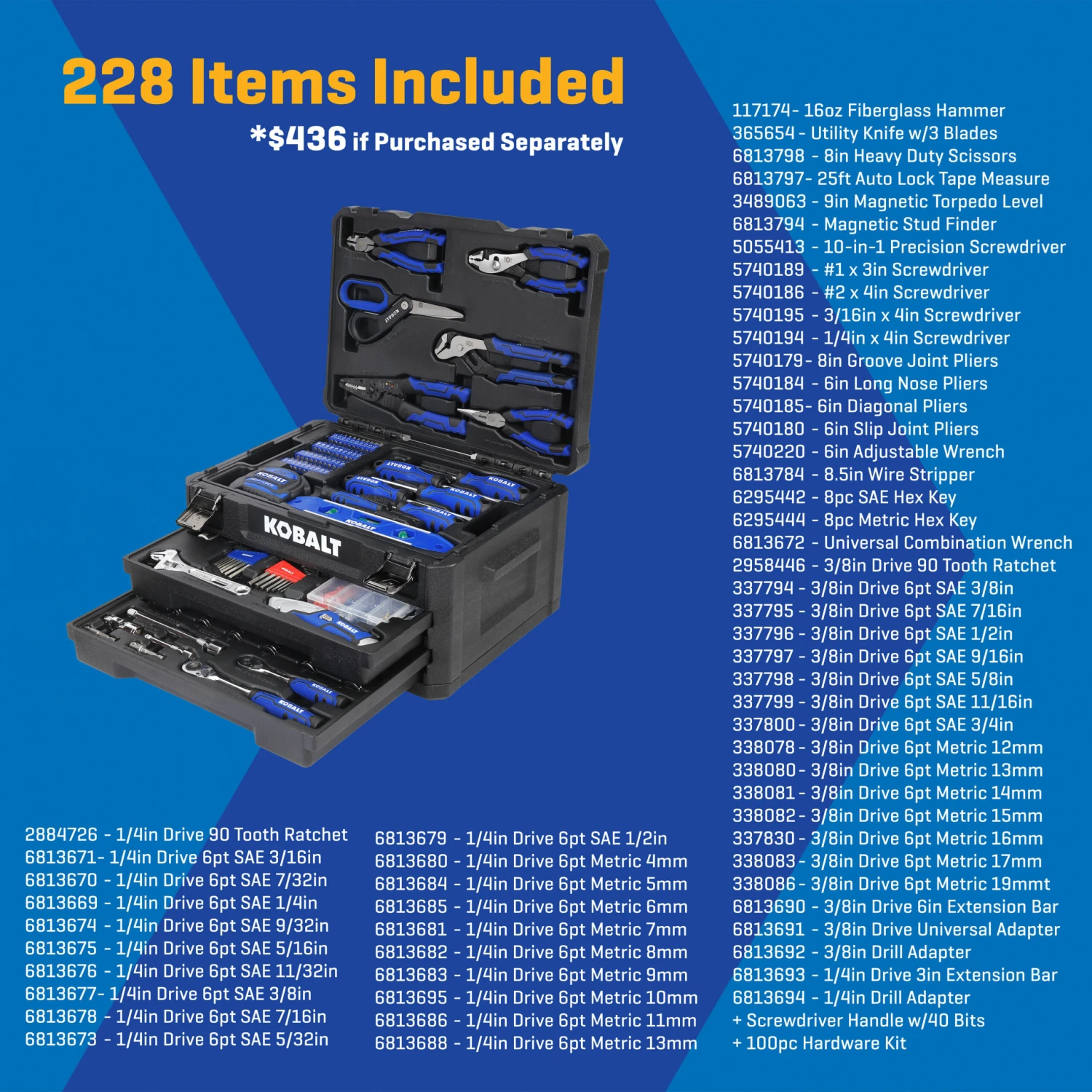 Kobalt 228 -Piece Blue Household Tool Set With Folding Case 2 Kobalt 228 -Piece Blue Household Tool Set With Folding Case -Kobalt Tools 74400104 scaled